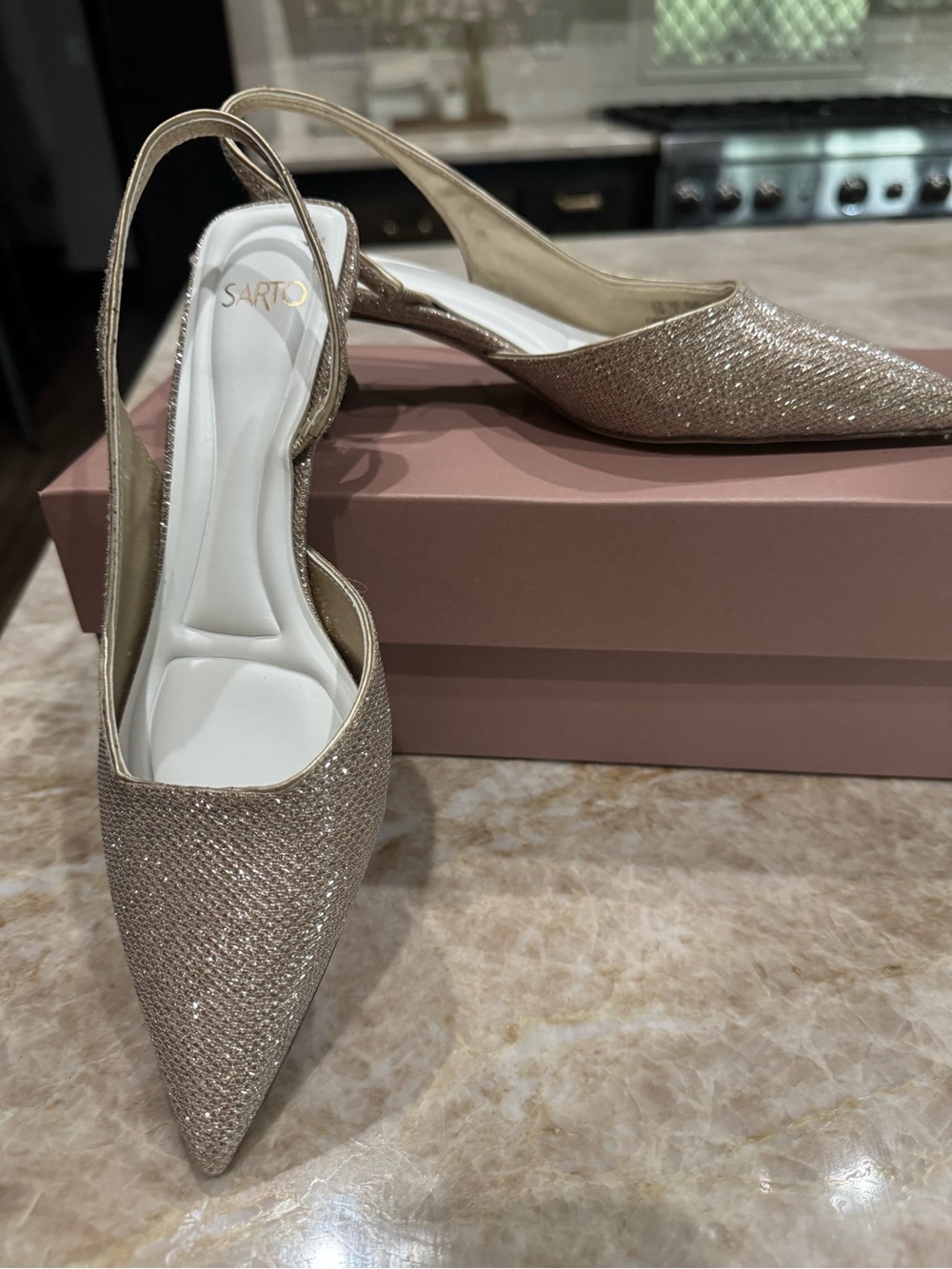Franco Sarto Gold Glitter Slingback Pointed-Toe Mules